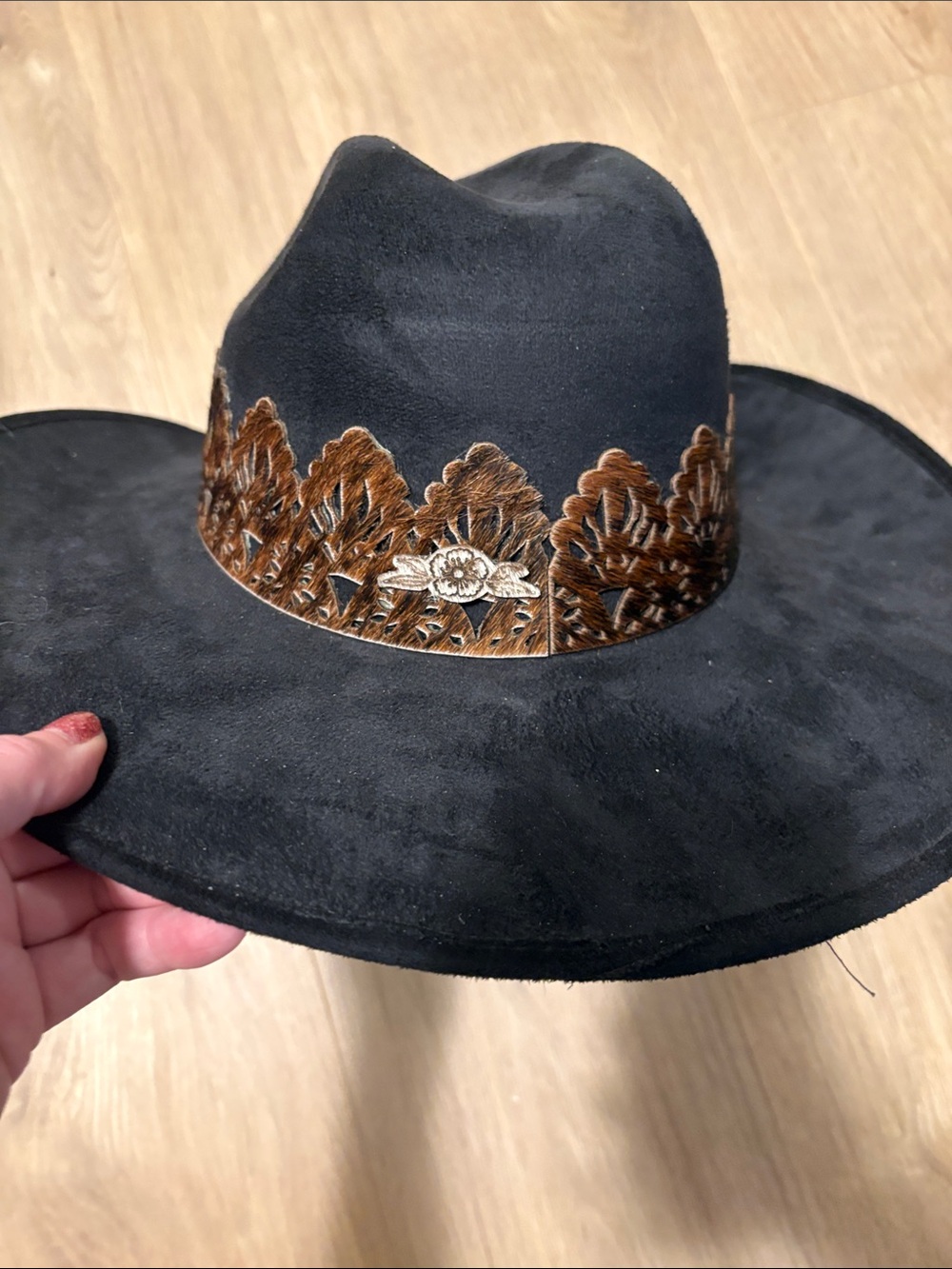 Black Cowboy Hat with Brown cowhide  Leather Band XL